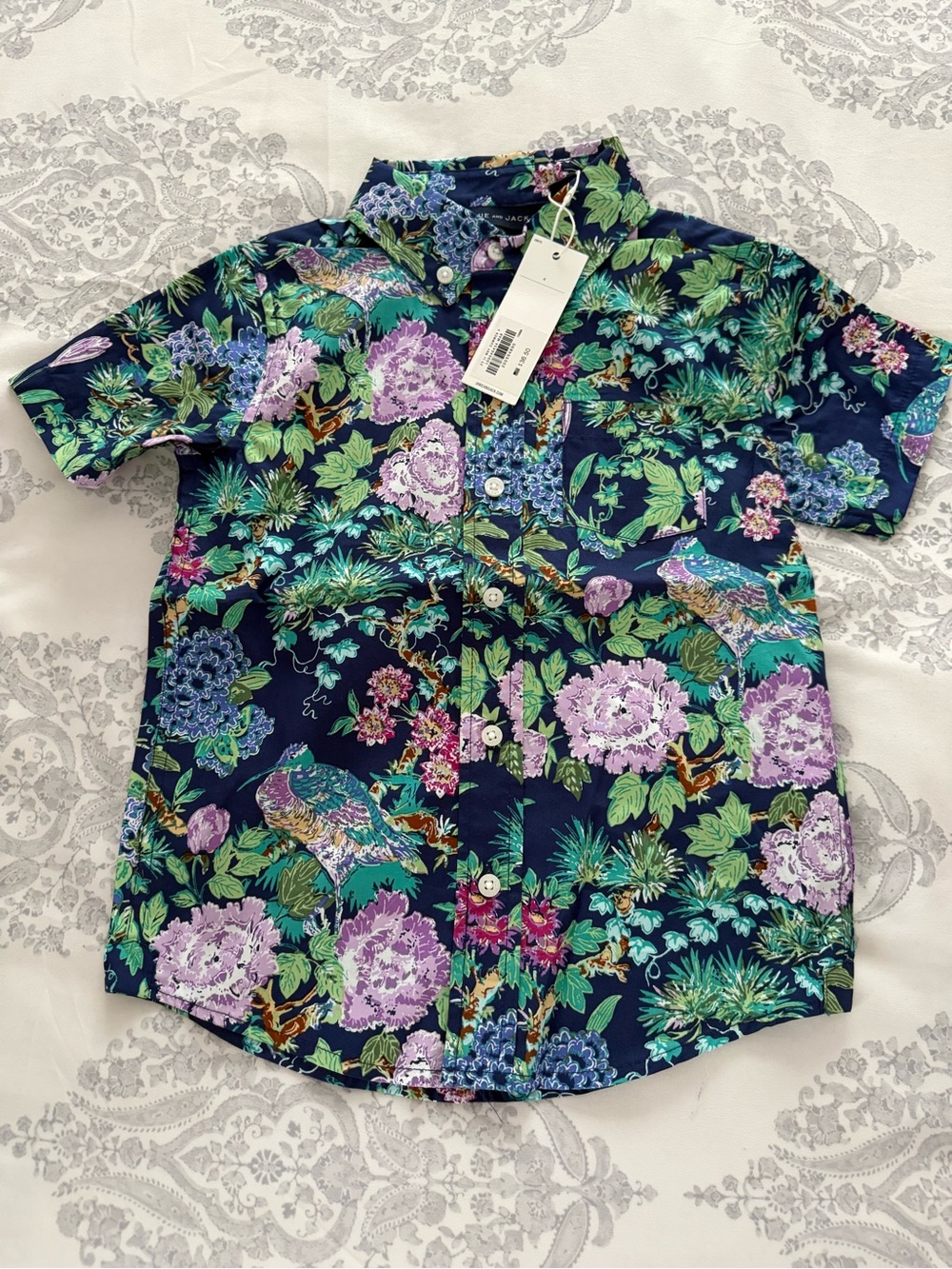 Janie and Jack Navy Button-Down Shirt with Purple & Green Floral and Bird Print